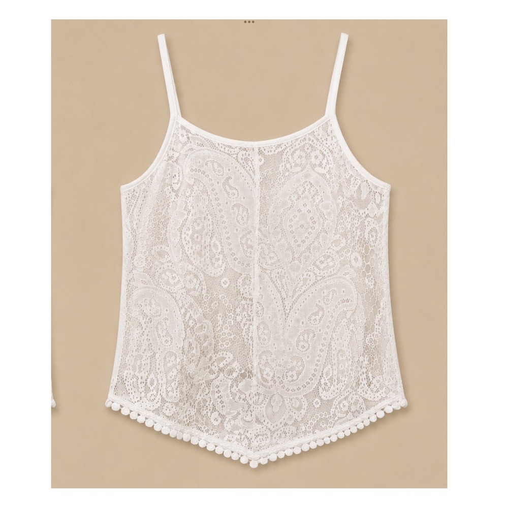 Atmosphere White Paisley Lace Camisole Pom Pom Trim Boho Chic Tank Top Size 12 - Picture 3 of 6